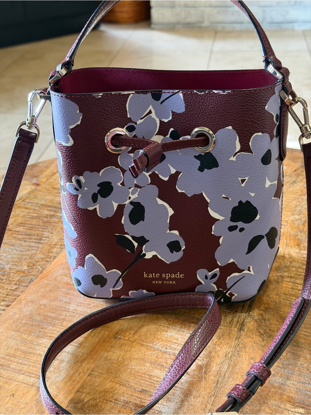 Kate Spade New York Floral Mini Bucket Bag Burgundy Crossbody Drawstring